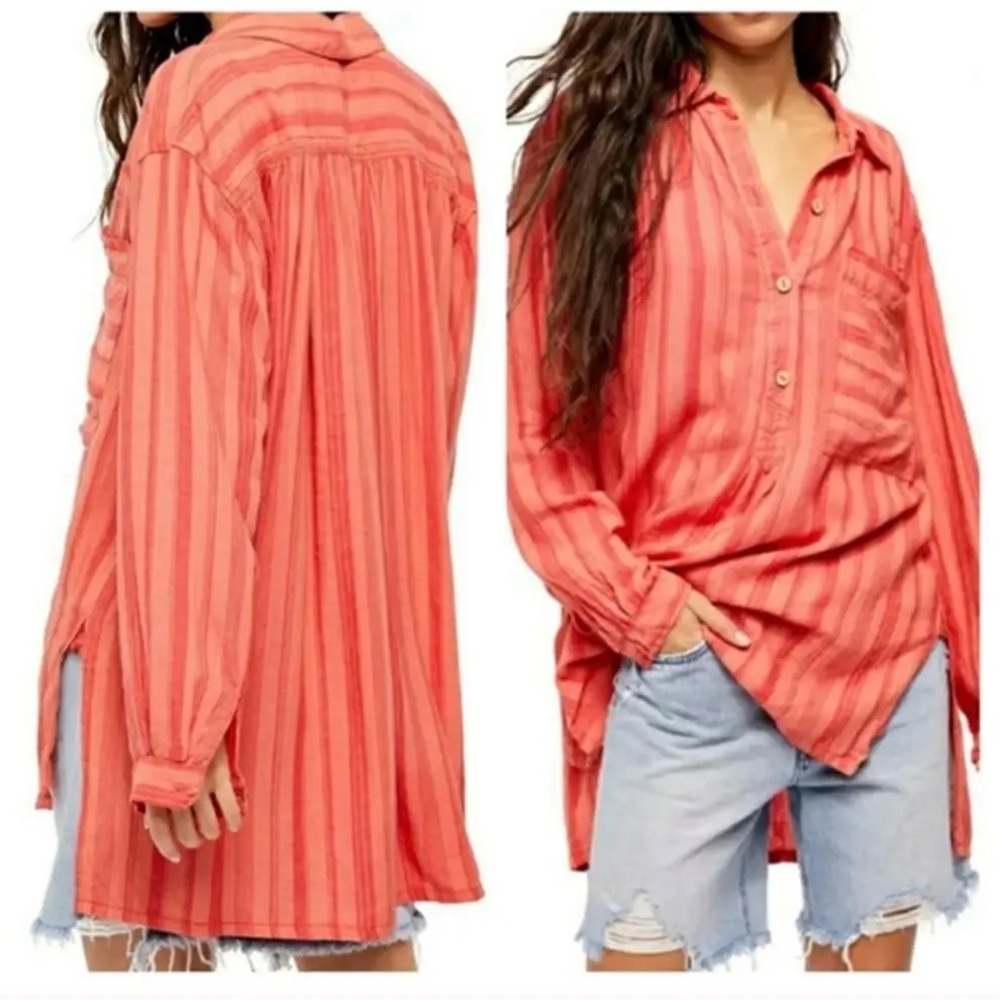 We the Free orange/coral striped oversized linen top (M)